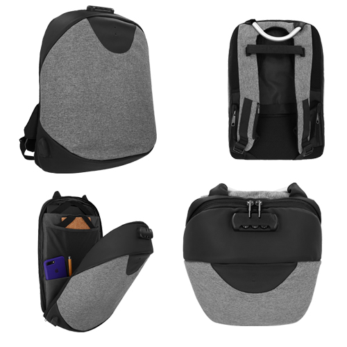 BL-080, Mochila de poliéster con candado de seguridad, asa de aluminio, 1 compartimento para tarjetas, 2 compartimentos laterales, 2 cintillas adaptables para maleta, compartimento para laptop max. de 16 pulgadas, entrada interna con puerto de carga USB, organizador interno de 8 compartimentos respaldo y tirantes acojinados.